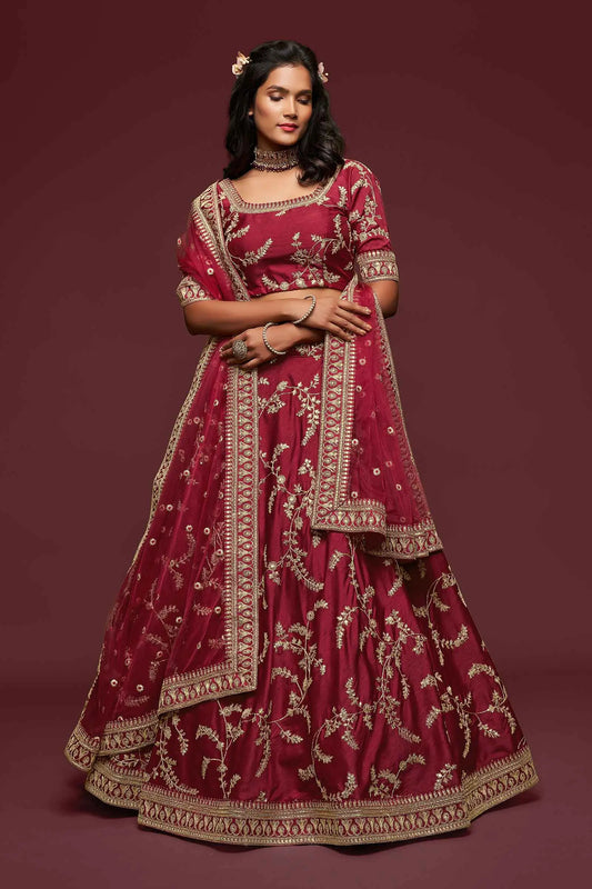 Brown silk lehenga choli with thread embroidery, zari, dori and sequins