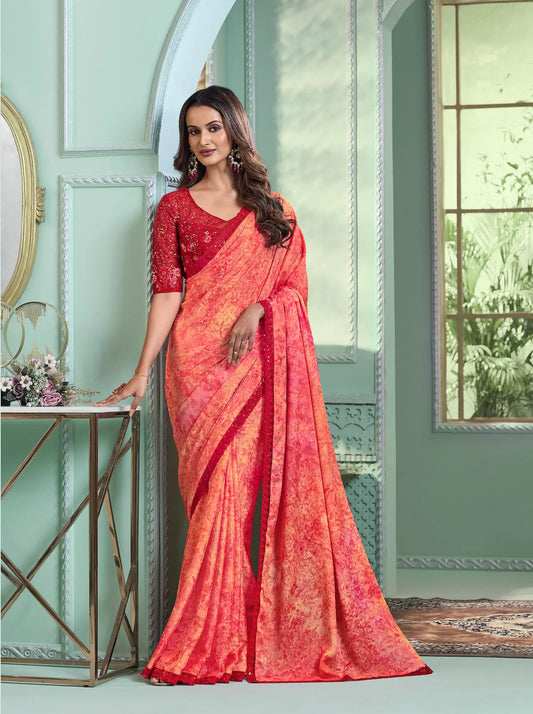 Sari de soirée pêche en chiffon cristal avec broderie de sequins et fil