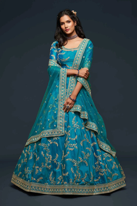 Blue-green silk lehenga choli with thread embroidery, zari, dori and sequins