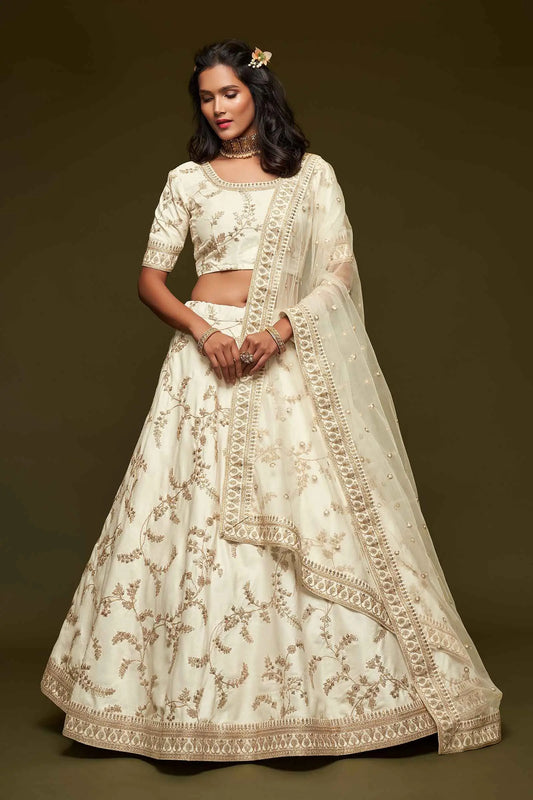 White Silk Lehenga Choli with Thread Embroidery, Zari, Dori and Sequins