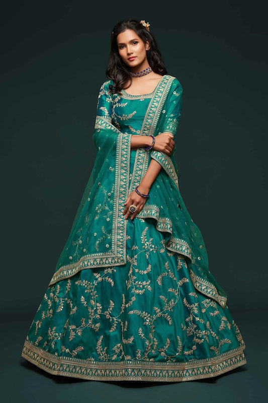 Dark Aquamarine Green Silk Lehenga Choli with Thread Embroidery, Zari, Dori and Sequins
