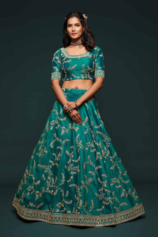 Dark Aquamarine Green Silk Lehenga Choli with Thread Embroidery, Zari, Dori and Sequins