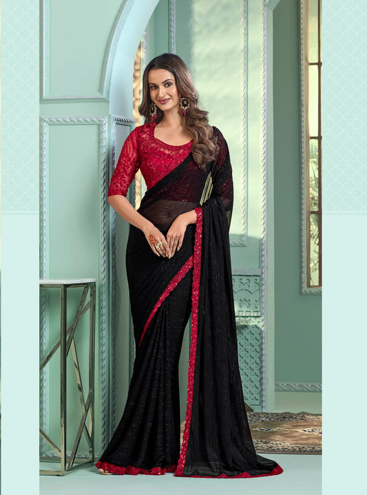 Sari noir en chiffon pour soirées avec broderie en sequins et fils