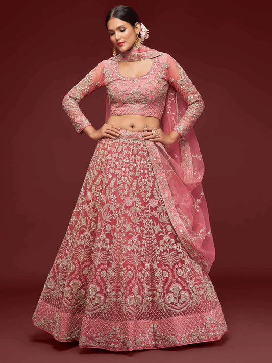 Lehenga Rose fantaisie en filet doux avec broderie en fil, zari, badla et fil dori pailleté COLLECTION JESAL