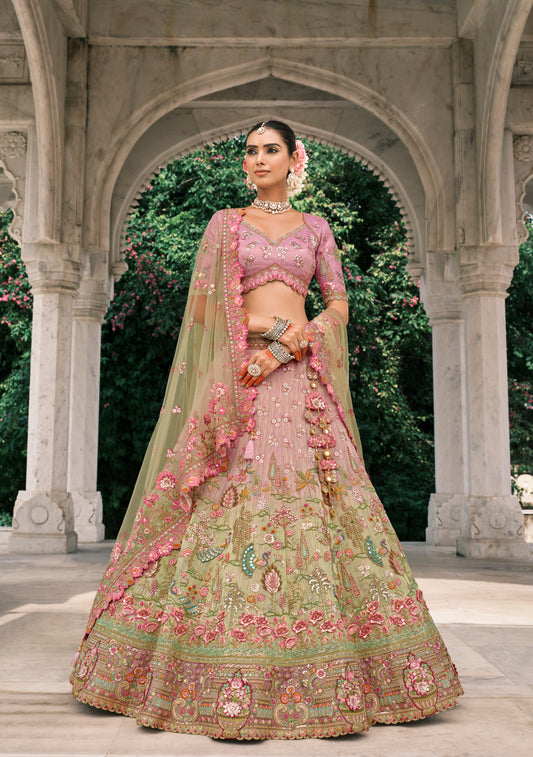 Lehenga de mariée rose et vert olive en soie fantaisie avec broderies COLLECTION ESHA