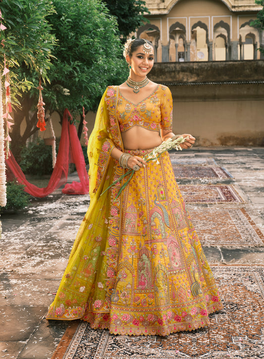 Lehenga de mariée jaune et rose en soie fantaisie avec broderies COLLECTION ESHA