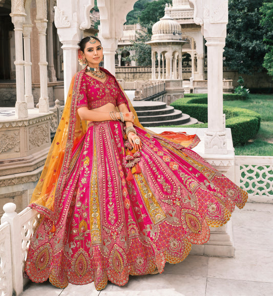 Lehenga de mariée rose fuchsia et orange multicolore en soie fantaisie avec broderies COLLECTION ESHA