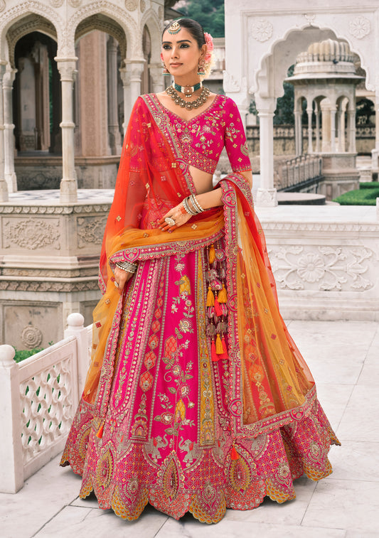 Lehenga de mariée rose fuchsia et orange multicolore en soie fantaisie avec broderies COLLECTION ESHA