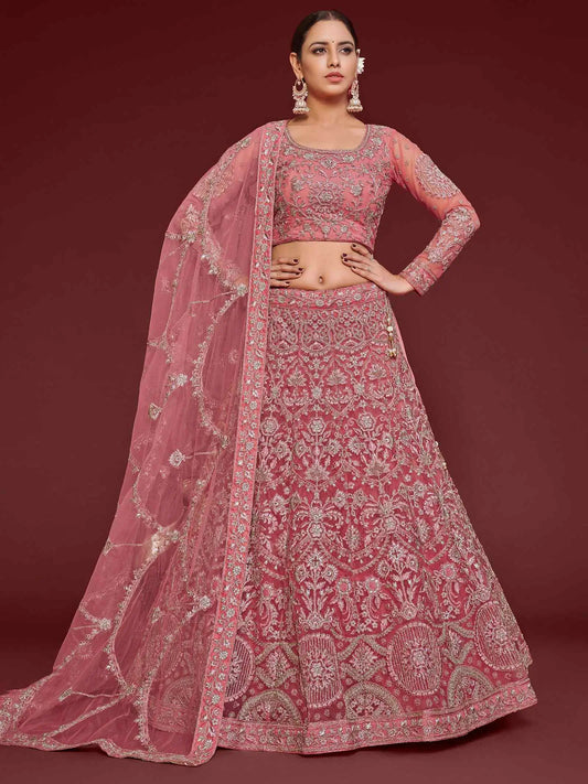 Lehenga Choli en tulle doux Rose fantaisie avec broderie en fil, zari, badla et dori pailleté COLLECTION JESAL