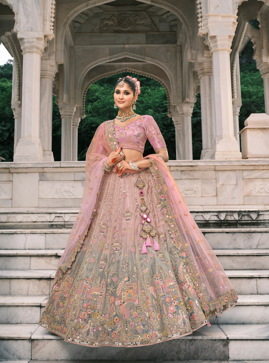 Lehenga de mariée rose clair et vert sauge en soie fantaisie avec broderies COLLECTION ESHA
