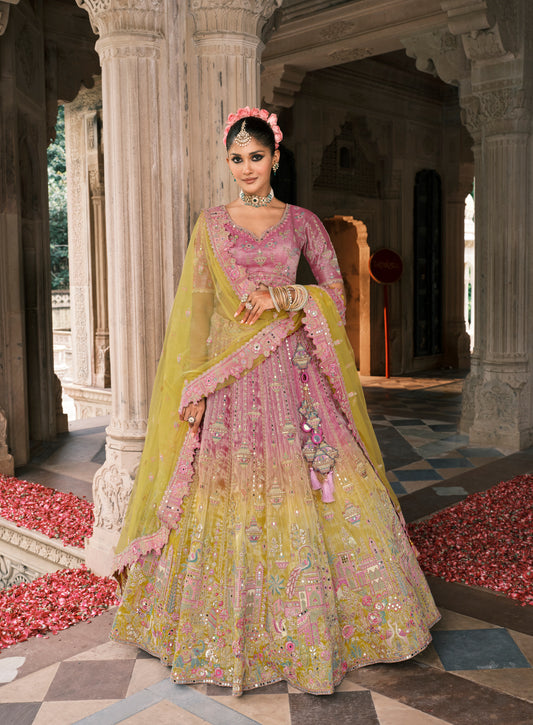 Lehenga de mariée rose et jaune citron en soie fantaisie avec broderies COLLECTION ESHA