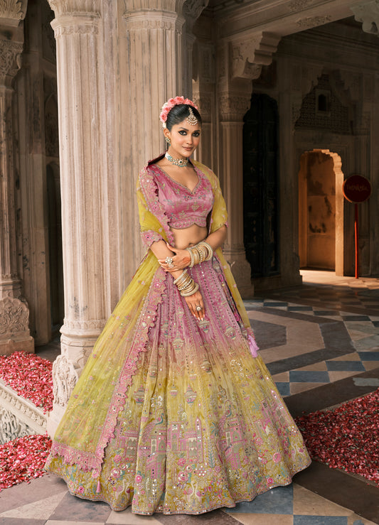 Lehenga de mariée rose et jaune citron en soie fantaisie avec broderies COLLECTION ESHA
