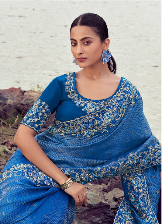 Sari bleu rama profond en pure soie satinée avec jacquard COLLECTION SAYAARAH