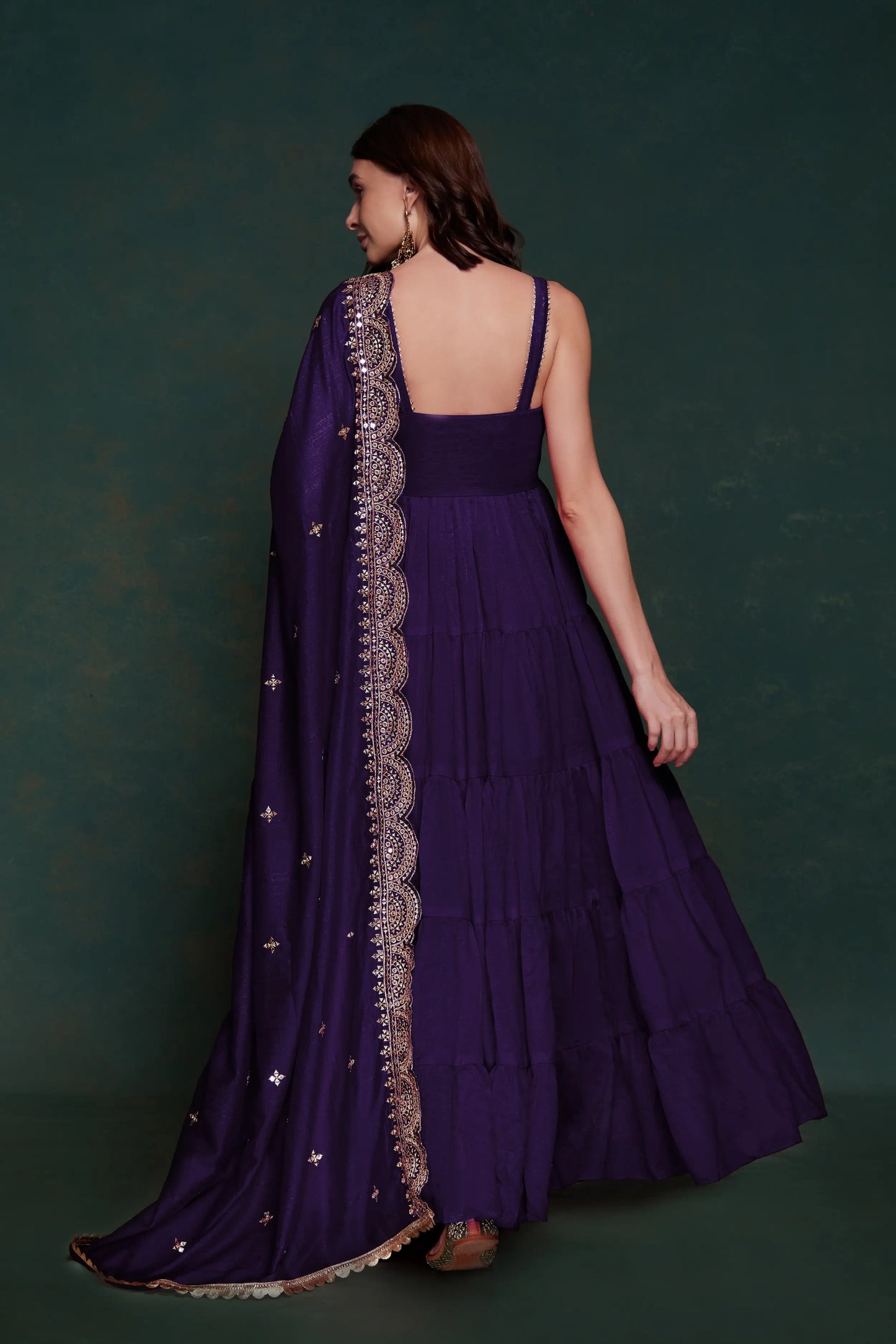 Purple silk dress with zari and sequin embroidery, accompanied by a dupatta
