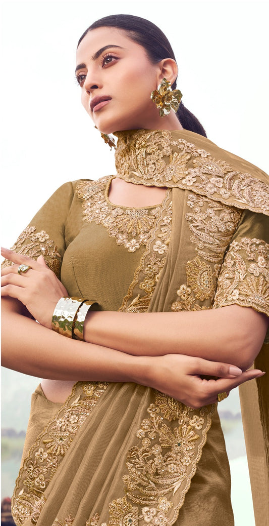 Sari beige foncé en pure soie Banarasi COLLECTION SAYAARAH