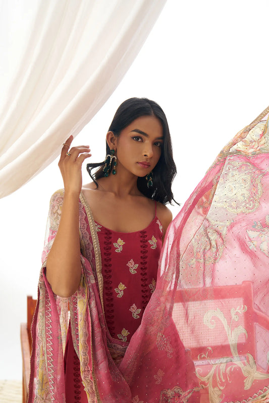 Ensemble Salwar rouge pâle en organza avec broderie fantaisie et dupatta