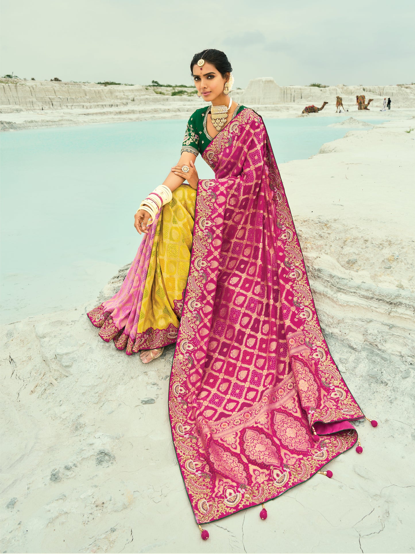 Sari rose fuchsia vert et jaune en pur tissu georgette bandhej avec travail fait main de moti et cut-dana COLLECTION KHUSHI