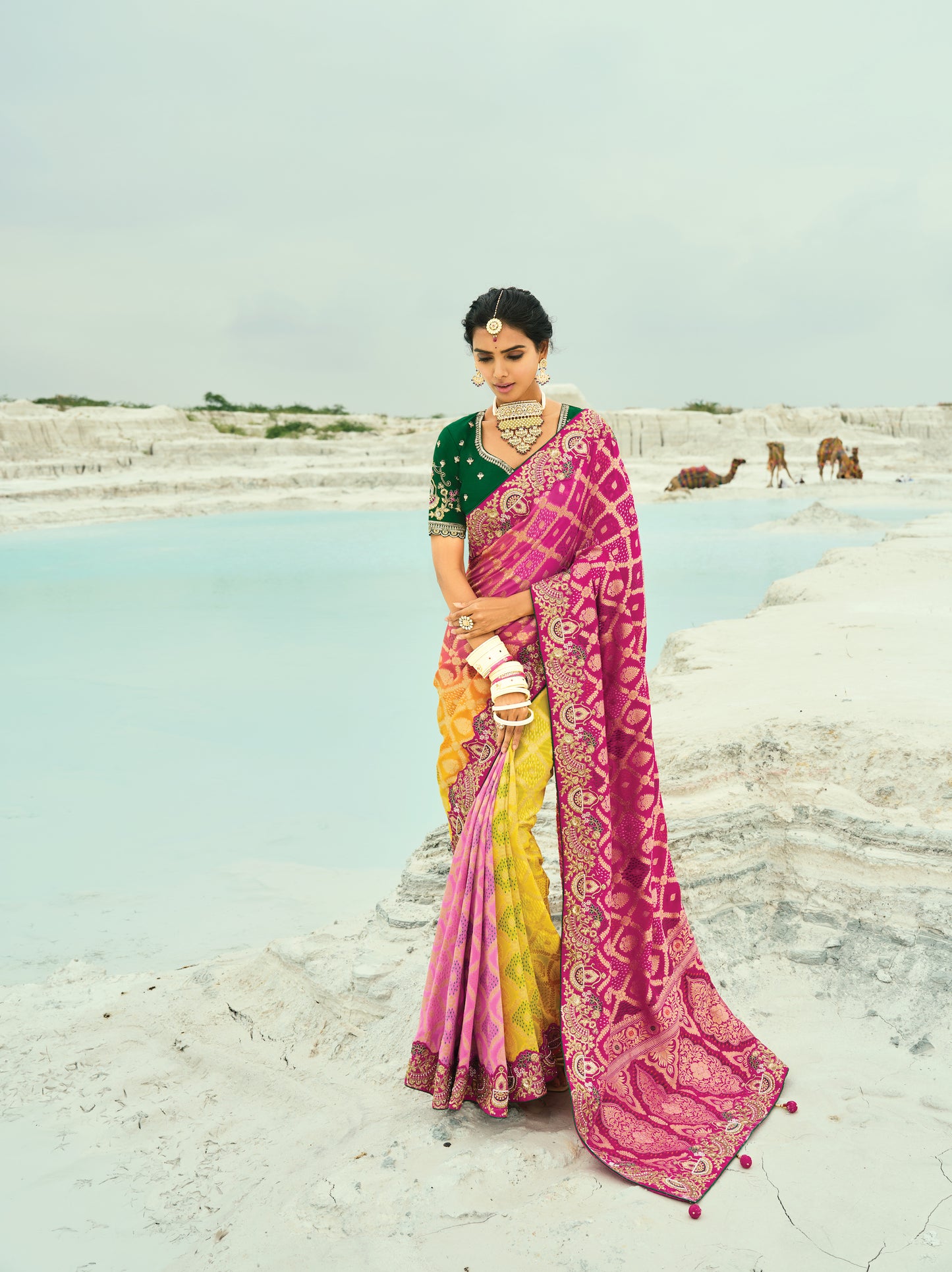 Sari rose fuchsia vert et jaune en pur tissu georgette bandhej avec travail fait main de moti et cut-dana COLLECTION KHUSHI