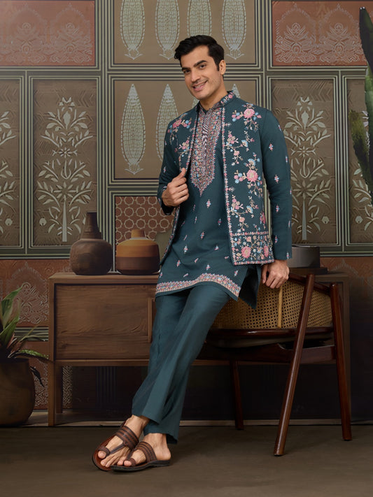 Ensemble Kurta Homme Veste Koti Bleu Canard avec broderies fleurs COLLECTION VINNY
