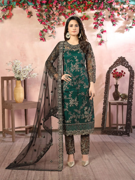 Salwar suit vert en filet avec broderie au fil et sequins