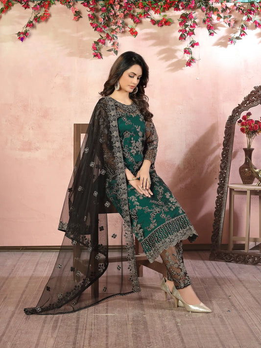 Salwar suit vert en filet avec broderie au fil et sequins