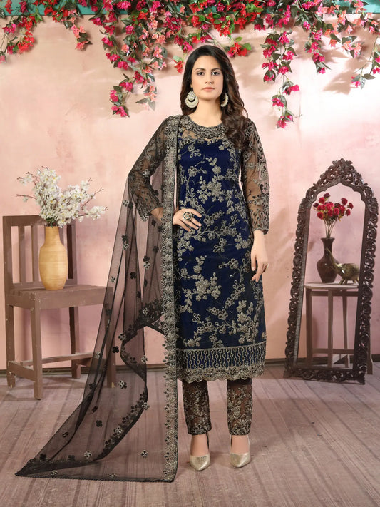 Ensemble Salwar en filet bleu marine avec broderie au fil et sequins