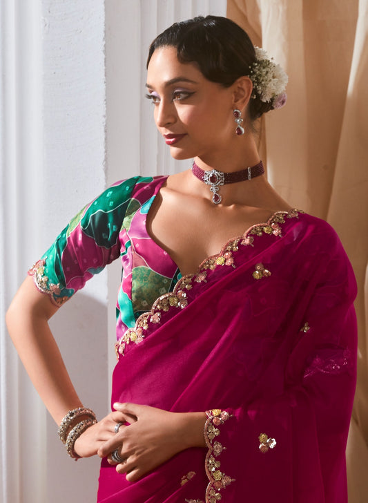 Sari moderne rose fuchsia et bleu lagon tissu fantaisie et dentelle COLLECTION KANIKA