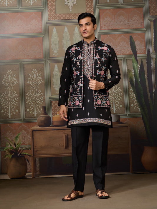 Ensemble Kurta Homme Veste Koti Noir avec broderies fleurs COLLECTION VINNY