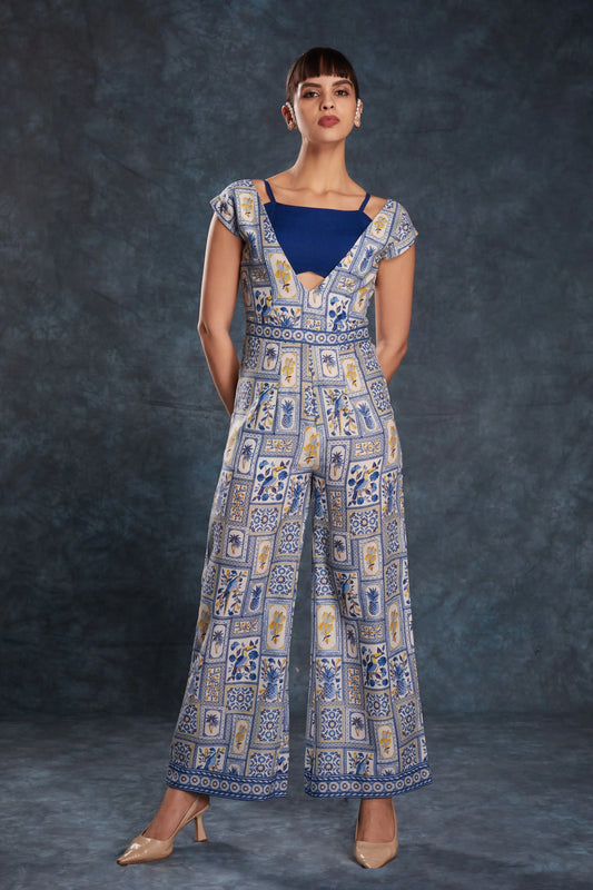 Ensemble coordonné en lin imprimé bleu marine