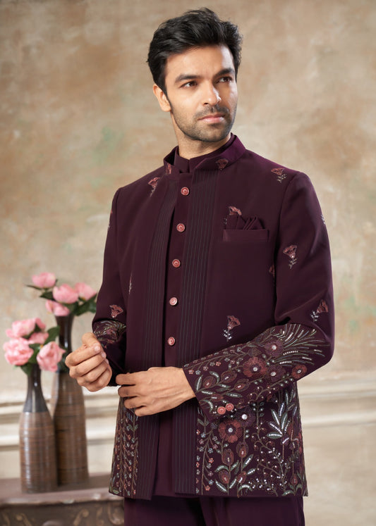 Ensemble Homme Costume Jodhpuri Violet Pourpre Avec Poche Sur Veste Haut de Gamme en Terry Rayon avec Broderies et Sequins COLLECTION KANWAR