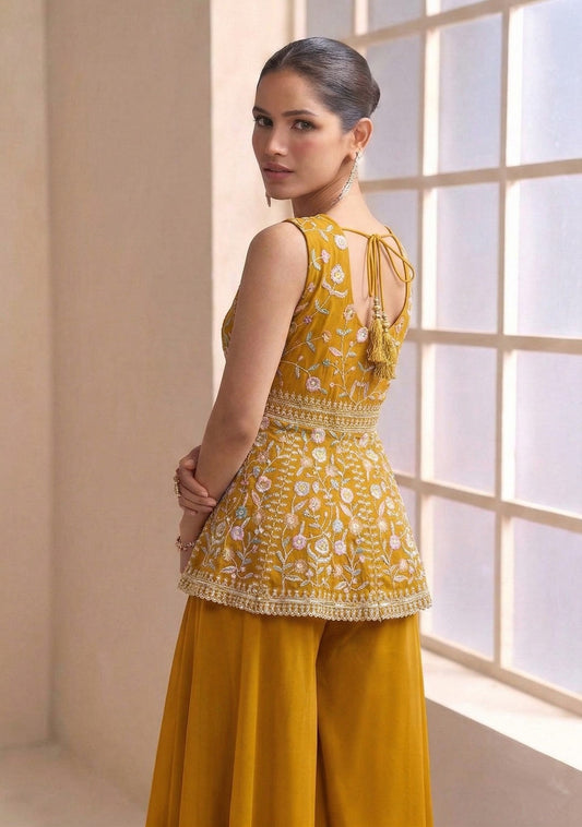 Sharara Palazzo prêt-à-porter moderne jaune foncé avec broderies de fleurs COLLECTION MANNAT