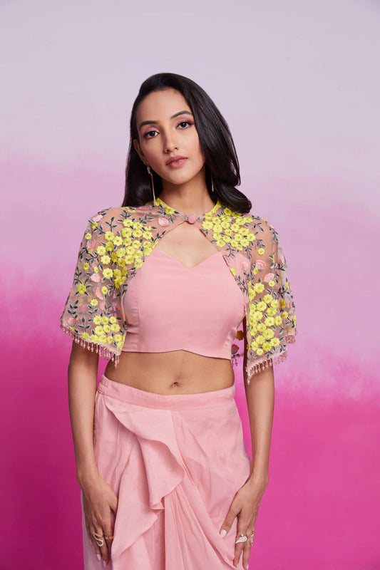 Ensemble coordonné pêche avec broderie et boléro moderne (co-ord set)