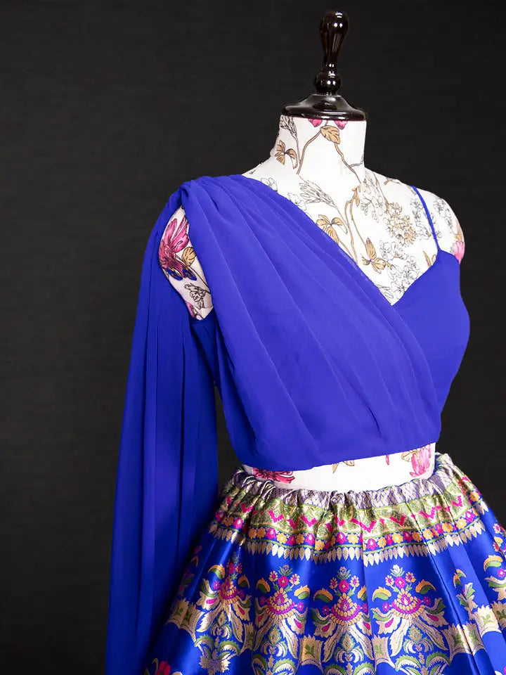 Royal Blue Banarasi Silk Lehenga Choli with Crop Top