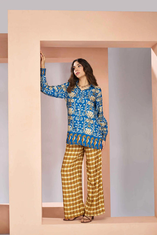 Ensemble Coordonné Imprimé en Soie Muslin Pure Bleu Royal
