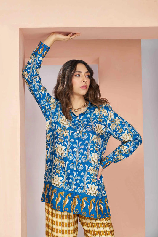 Ensemble Coordonné Imprimé en Soie Muslin Pure Bleu Royal