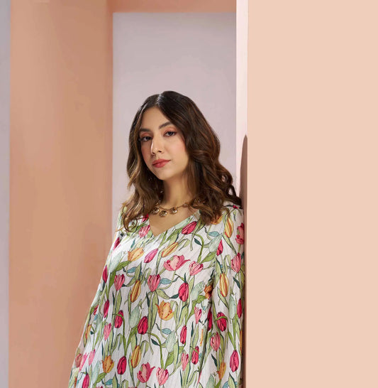 Ensemble Coordonné Blanc en Soie Muslin Pure avec Imprimé Floral
