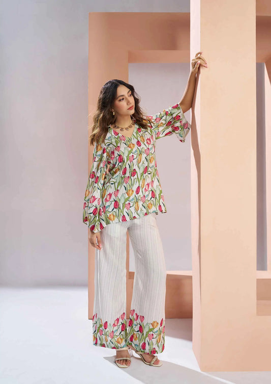Ensemble Coordonné Blanc en Soie Muslin Pure avec Imprimé Floral