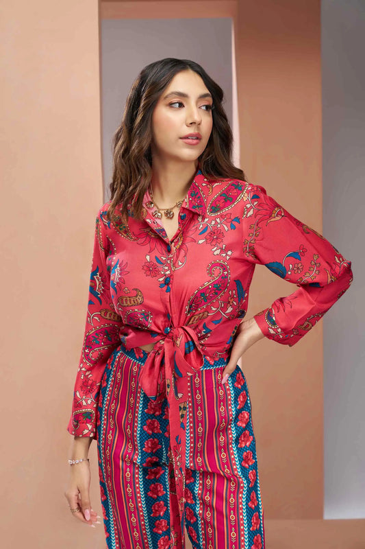 Ensemble Coordonné Imprimé en Soie Muslin Pure – Rose Corail