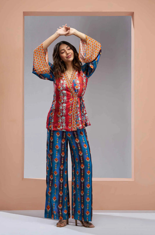 Ensemble coordonné imprimé en soie muslin pure bleu marine