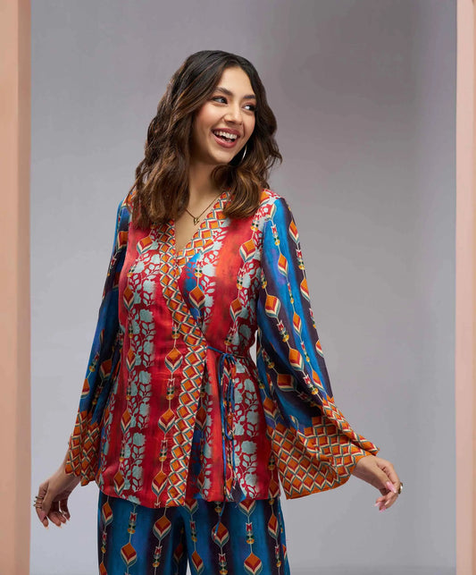 Ensemble coordonné imprimé en soie muslin pure bleu marine