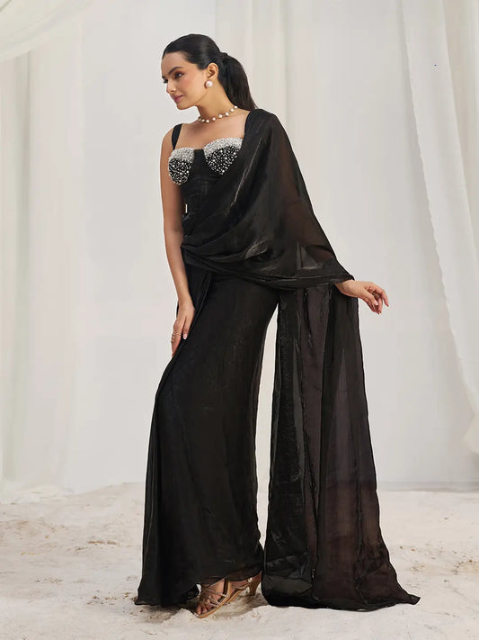 Sari de soirée noir glamour en organza avec travail fait main