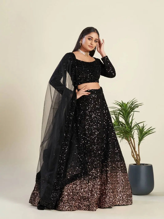 Lehenga Choli Noir en Velours avec Broderie à Sequins Étincelants