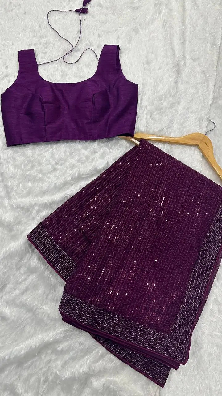 Dark purple georgette sari with sequin embroidery and dori border