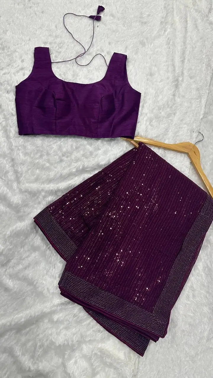 Dark purple georgette sari with sequin embroidery and dori border