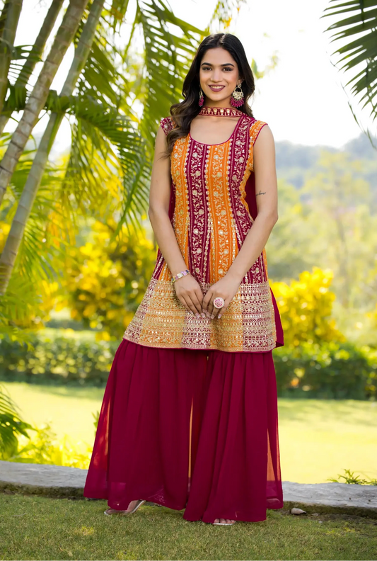 Ensemble Salwar Rose Fuchsia | Tenue Indienne Georgette | Broderies Sequins | Paillettes et Georgette