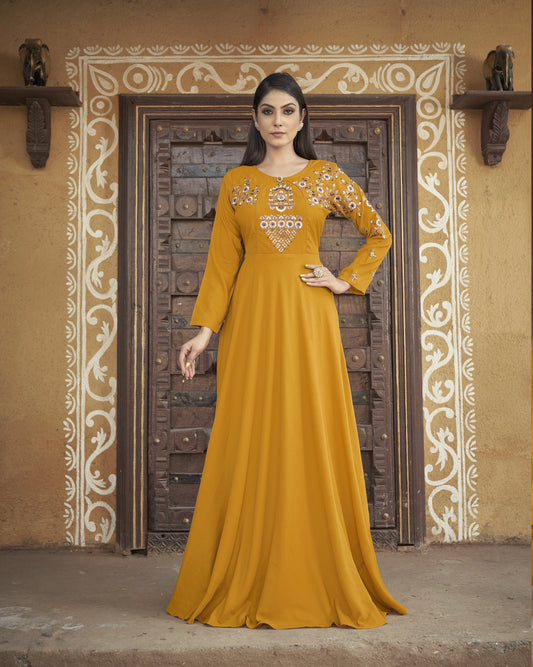 Haut Kurta long jaune moutarde manches longues avec broderies en Maslin