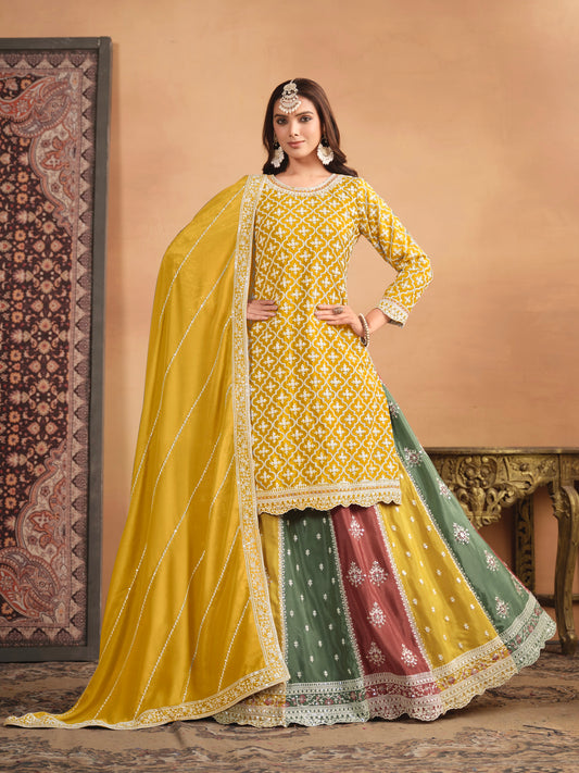 Ensemble lehenga choli jaune multicolore avec top long