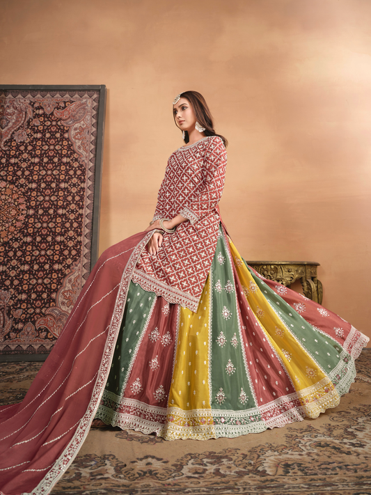 Ensemble lehenga choli rouge brique multicolore avec top long
