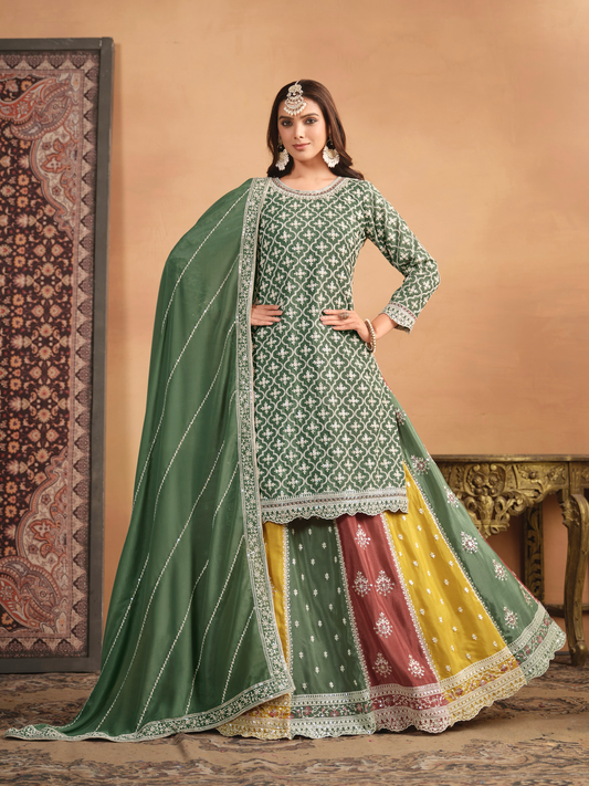 Ensemble lehenga choli vert multicolore avec top long