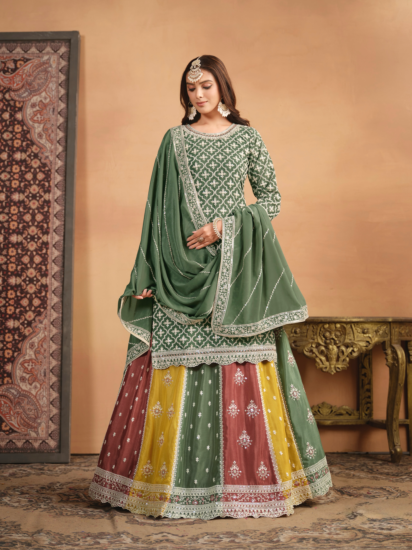 Ensemble lehenga choli vert multicolore avec top long